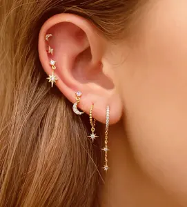 18K Gold Plated 6-Piece Copper Cubic Zirconia Chain Hoop Star Moon Earring Set In Gold And Silver, Perfect Gift for women, Cute Accessories for Party