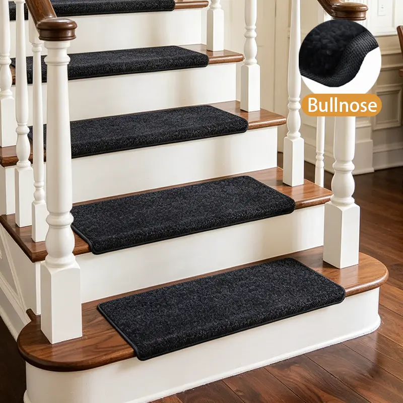9.5"x30" Bullnose Stair Treads, Static-Resistant Non-Skid Floor Mats for Wooden Floors, Kid-Friendly Machinewashable Striped Decor Rugs with Reusable Non-Slip Backing, Wrinkle Resistant