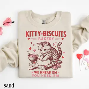 Valentines Cat Sweatshirt Kitty Biscuits Bakery Sweater Funny Vday Cat Lover Pullover Cute Kitten Baking Cookies Love Crewneck Girlfriend - LORA ATCHER