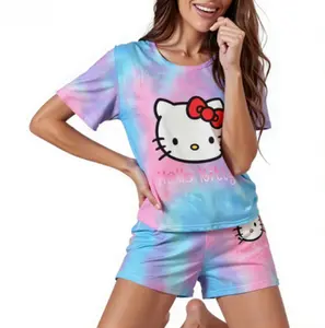SANRIO Hello Kitty Pajama-Set Size UP 2x - Short Sleeve & Shorts Tie-Dye Colorful Kawaii Nightwear Loungewear for Women with Pink & Blue Tie-Dye Pattern