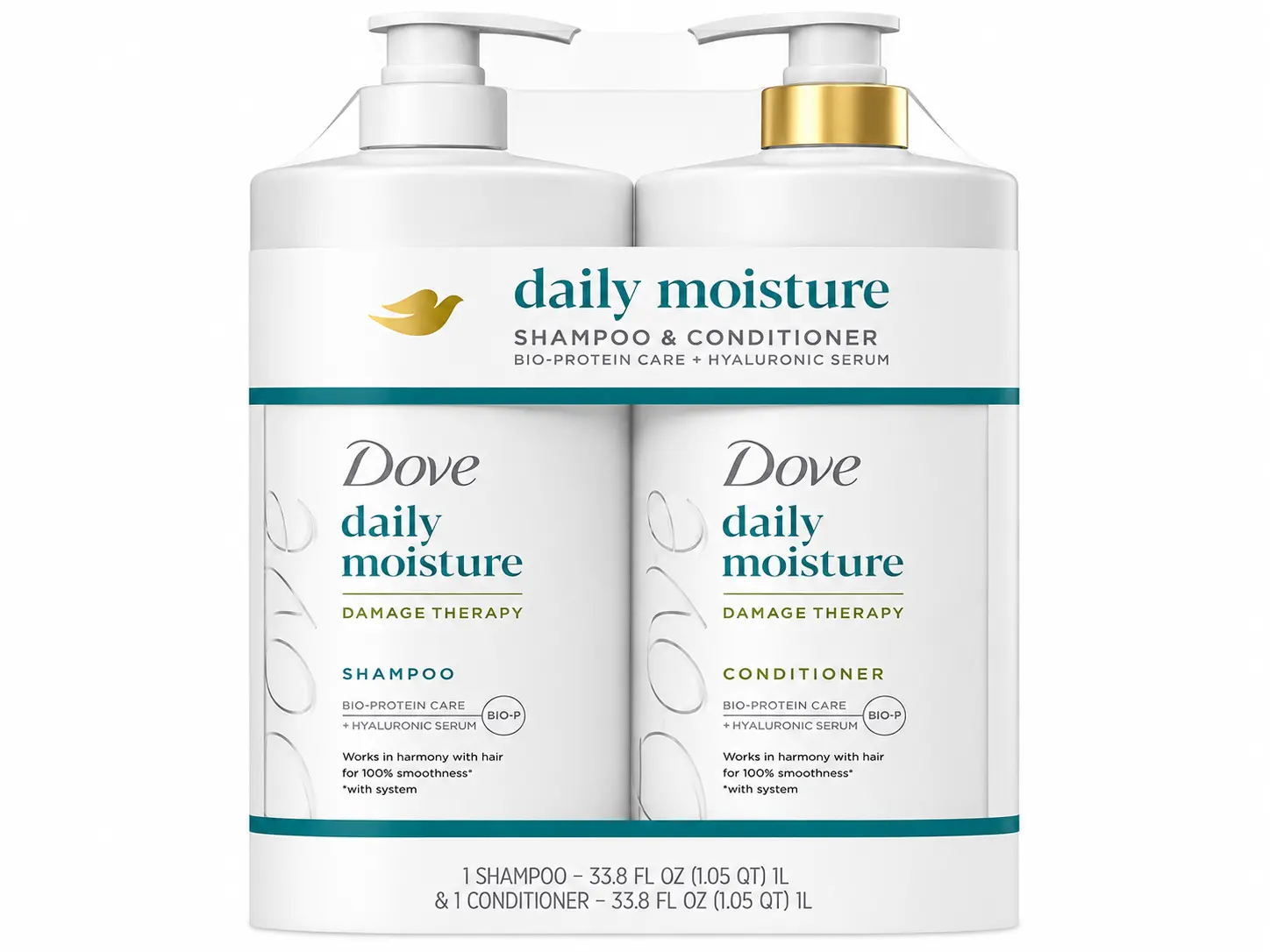 Set Dove Shampoo & Conditioner Daily Moisture, 2 ct./33.8 fl. oz each. Damage Therapy. Bio-Protein Care + Hyaluronic Serum