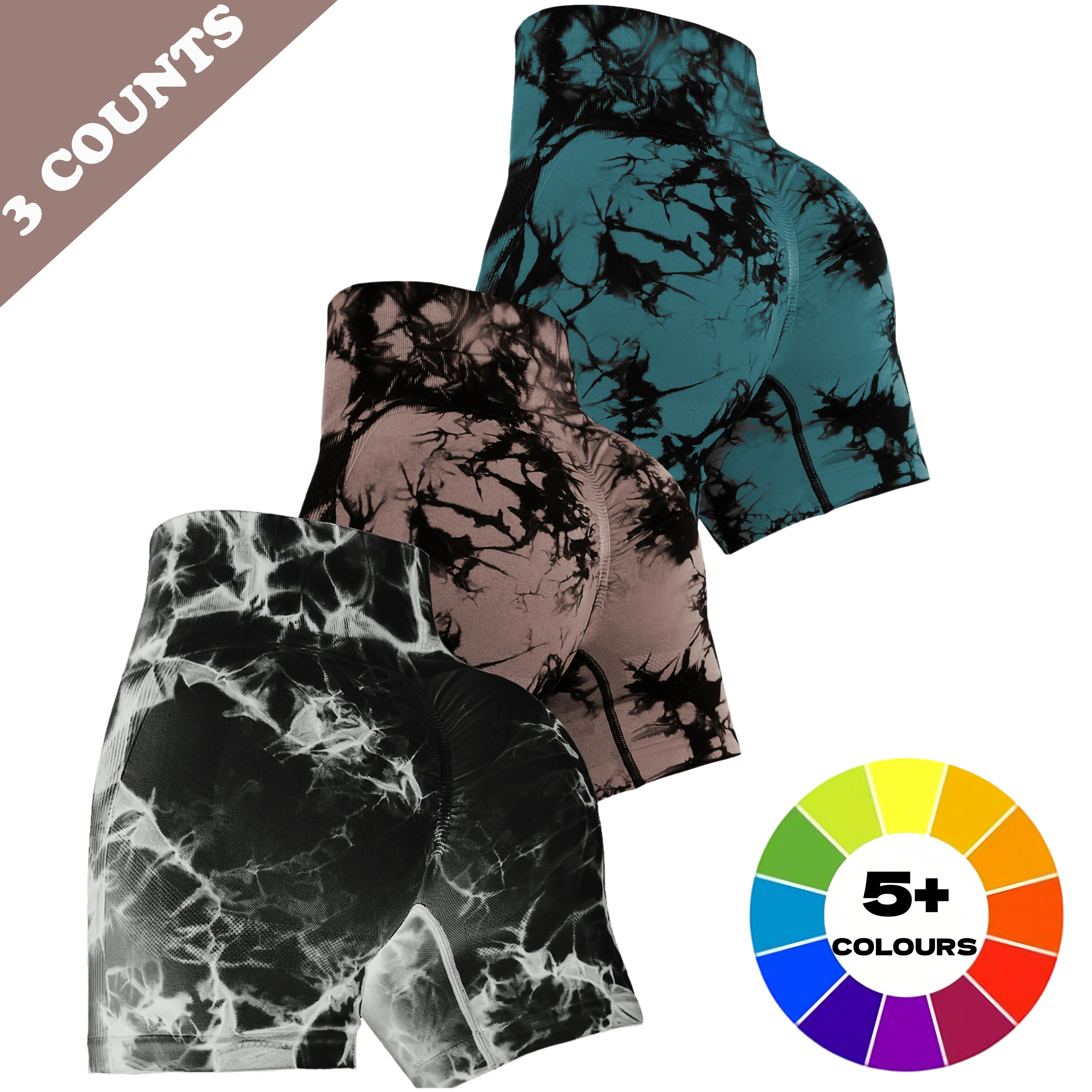 Three - piece set of women's tie - dyed high - waisted shorts that can lift the buttocks, designed for the gym. These are breathable and comfortable sportswear pants suitable for yoga, exercise and running.