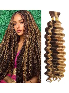 Boho Style Human Braiding Hair, 2 Bundles-Pack 100g, 20-Inch Long Hair Brazilian Hair for Braiding & Deep Wave, 4/27 Highlight Ombre Curly Knotless