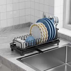 Small Dish Drying Rack, Compact Dish Rack with Drainboard for Counter, Multifunctional Rustproof Dish Drainer Organizer Used Over Sink & on Countertop, Black
