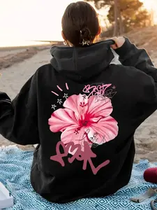 Women's Y2K Graphic Zip-Up Knit Hoodie, Vibrant Hibiscus Flower Print, Loose-Fit Casual Streetwear, Fall Winter Daily Wear