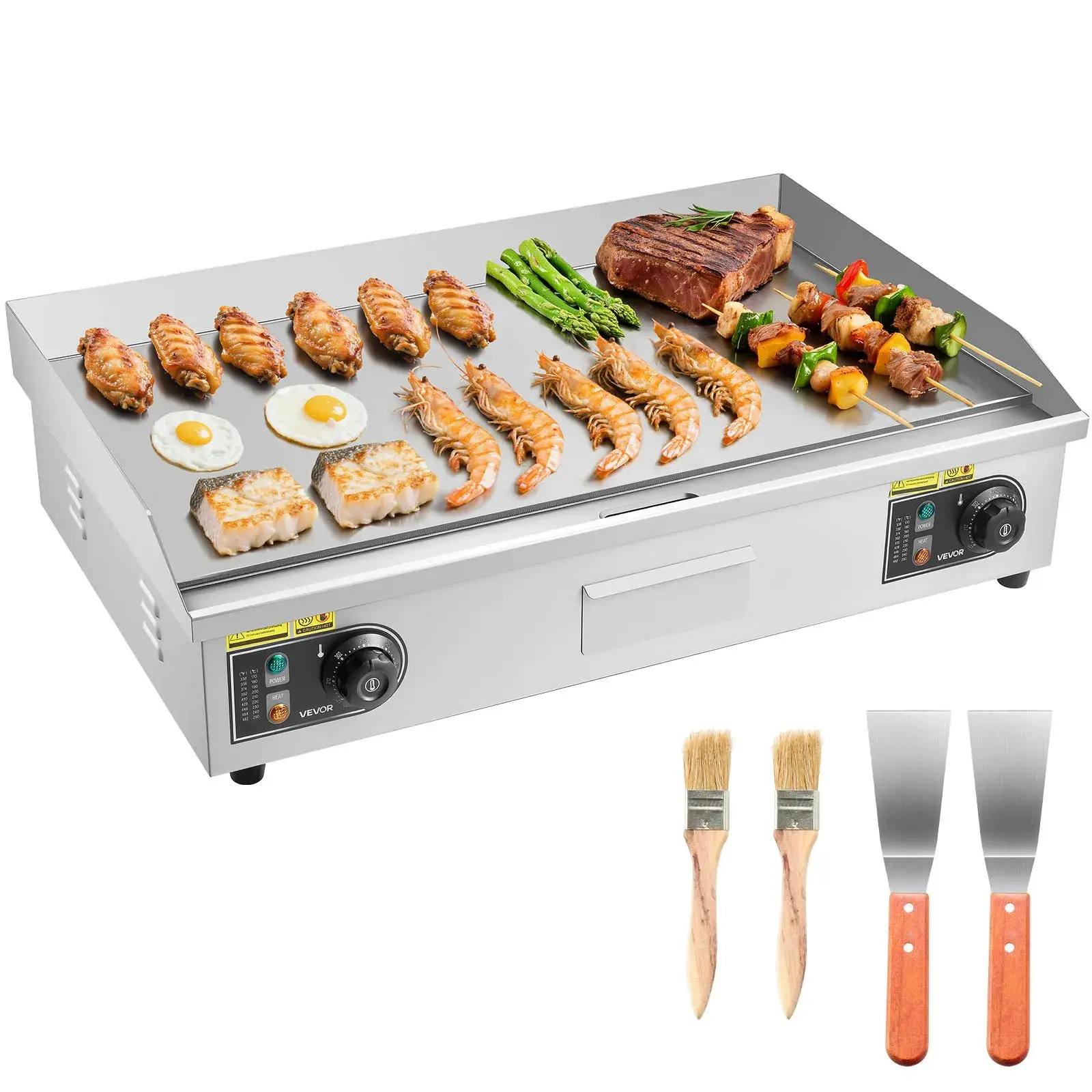 【Summerfinds】VEVOR Commercial Electric Cast Iron Griddle Grill - 28.54x15.75 in Rectangular, 4400W Power, 122-570°F Adjustable Heat, Stainless Steel Countertop Full Flat Top for Commercial Users, W/2 Spatulas, 2 Cleaning Brushes, Cord (Fathersday Deal), P