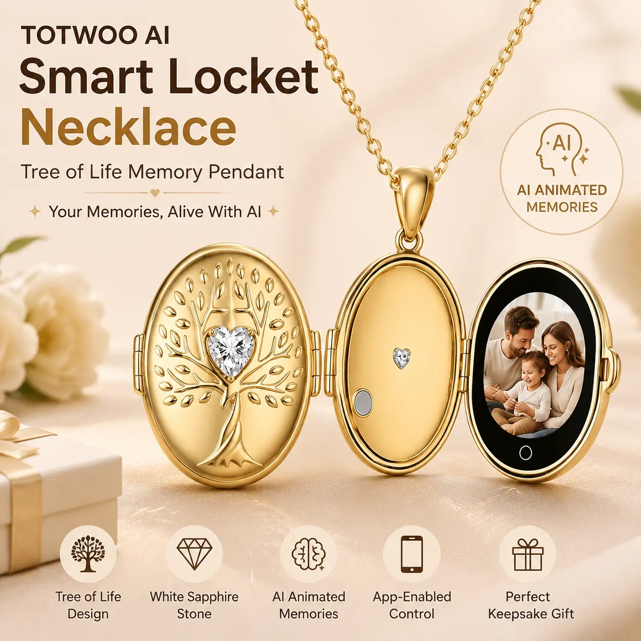 Women's TOTWOO AI Smart Locket Necklace, Tree of Life Memory Pendant with White Sapphire, App-Enabled AI Animated Picture Storage for Photos/Videos, Keepsake Gift for Loved Ones
