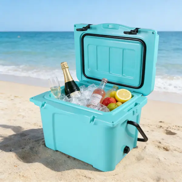 25QT Rotomolded Cooler Ice Chest with 5-7 Day Cold Retention, Bottle Opener, Cup Holder, Ruler, Impact-Resistant Durable Construction, Ergonomic Soft Handle, Non-Slip Ft, V-Drain, Holds 30 Cans for Camping & Beach Adventures