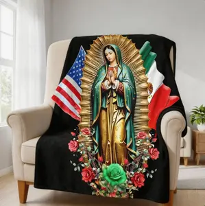 Virgin Mary Floral & USA-Mexico Flag Print Flannel Gift Blanket - Soft, Warm, Lightweight Bedding Throw with Versatile Classic Accessories, Machine Washable for Home Decor Aesthetic Upgrade
