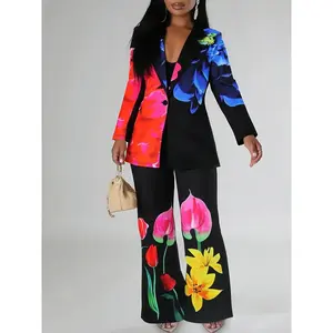 Women's Two-Piece Suit Set, Colorblock Print Fitted Blazer Top & Straight Leg Pants, Party Date, Stylish and Comfortable