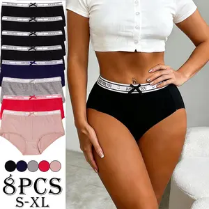 8pcs women’s panties with letter waistband and bow detail, cotton, breathable, butt-lifting, skin-friendly, suitable for everyday wear and dates, triangle cut