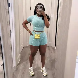 (New)Summer 2 piece set Women's Pit Strip Solid Color Round Neck Tight Short Sleeve Top Shorts Sports Casual Set beach moon outfit Sweatshirt