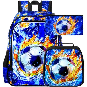 3PCS Soccer Backpack for Boys, Water Resistant Kids Bookbag Set with Lunch Box, Cool School Bag for Elementary Preschool Toddler - Fire & Water Soccer