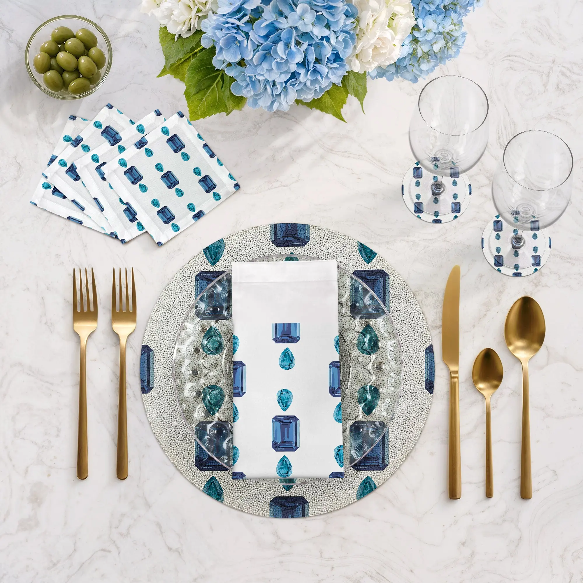 Gem Sapphires White Round Beaded Placemat Smooth