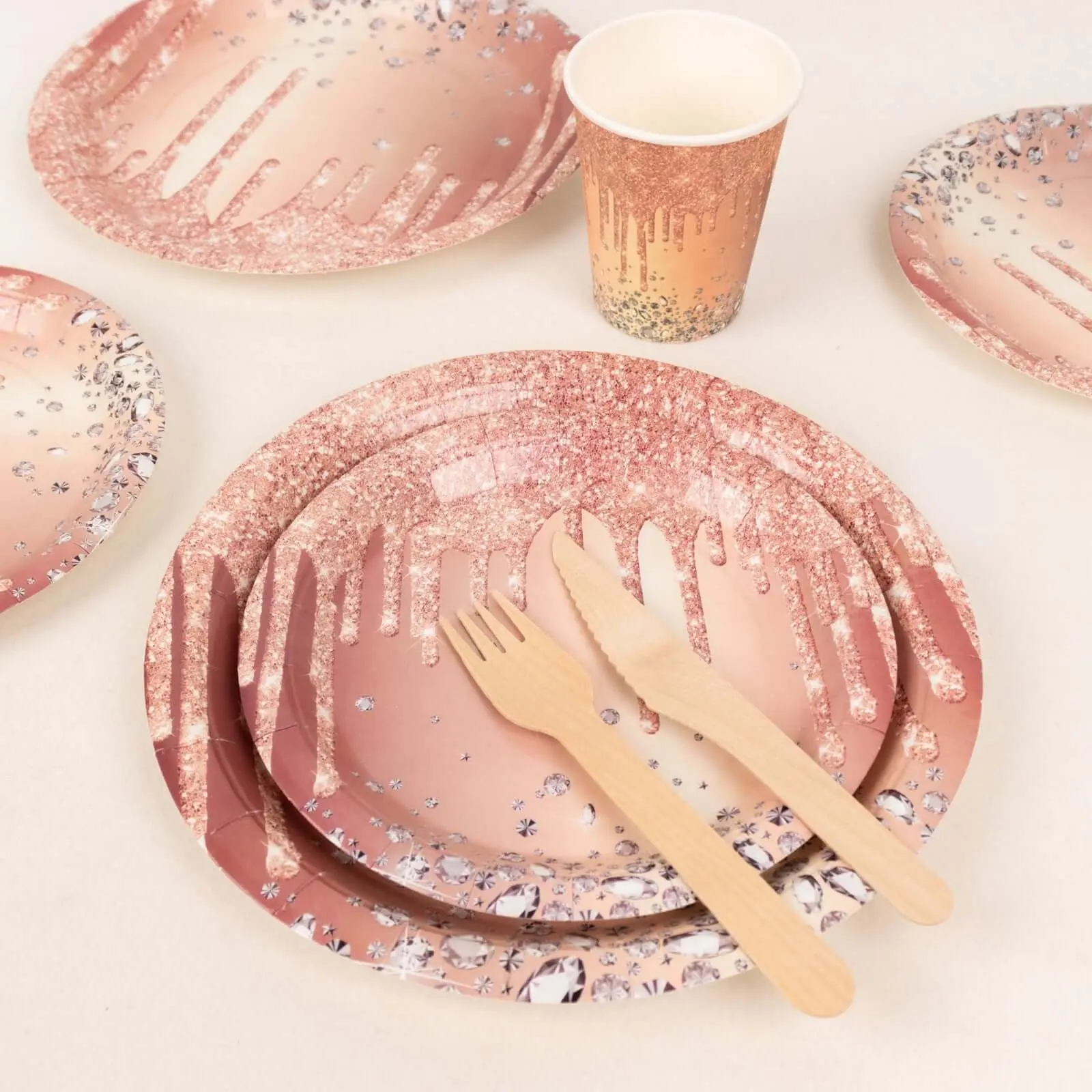 72-Piece Glamorous Disposable Tableware Set - Rose Gold Diamond Glitter Drip Pattern Party Plates, Paper Cups Combo, Bulk Festive Supplies for Wedding, Thanksgiving Dinner, Housewarming