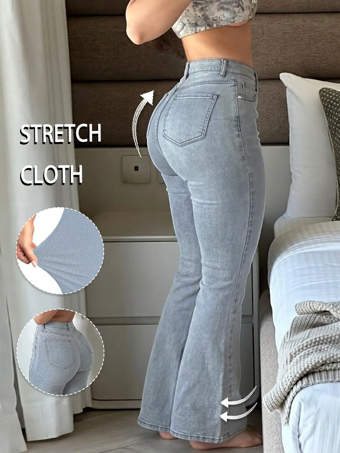 Women’s light wash high-waist butt-lifting flared jeans — stretchy slimming bootcut denim pants. The form-fitting silhouette and stretchy fabric hug your curves to enhance your figure, perfect for casual streetwear!