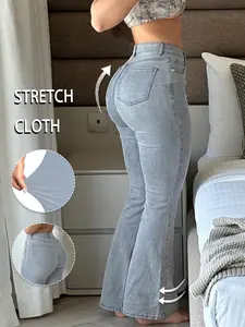 Women’s light wash high-waist butt-lifting flared jeans — stretchy slimming bootcut denim pants. The form-fitting silhouette and stretchy fabric hug your curves to enhance your figure, perfect for casual streetwear!