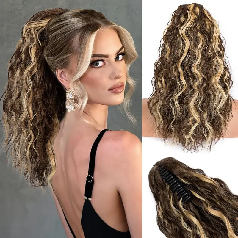 Female 18" Claw Clip Curly Drawstring Ponytail Extension - Wavy Synthetic Hairpiece, Strong Hold, Fluffy Texture, Natural Look, Heat-Resistant, Blonde Curly Synthetic Extensions & Pieces, Casual Daily Use Colorful Tinsel Kit for Ponytail Hairstyles