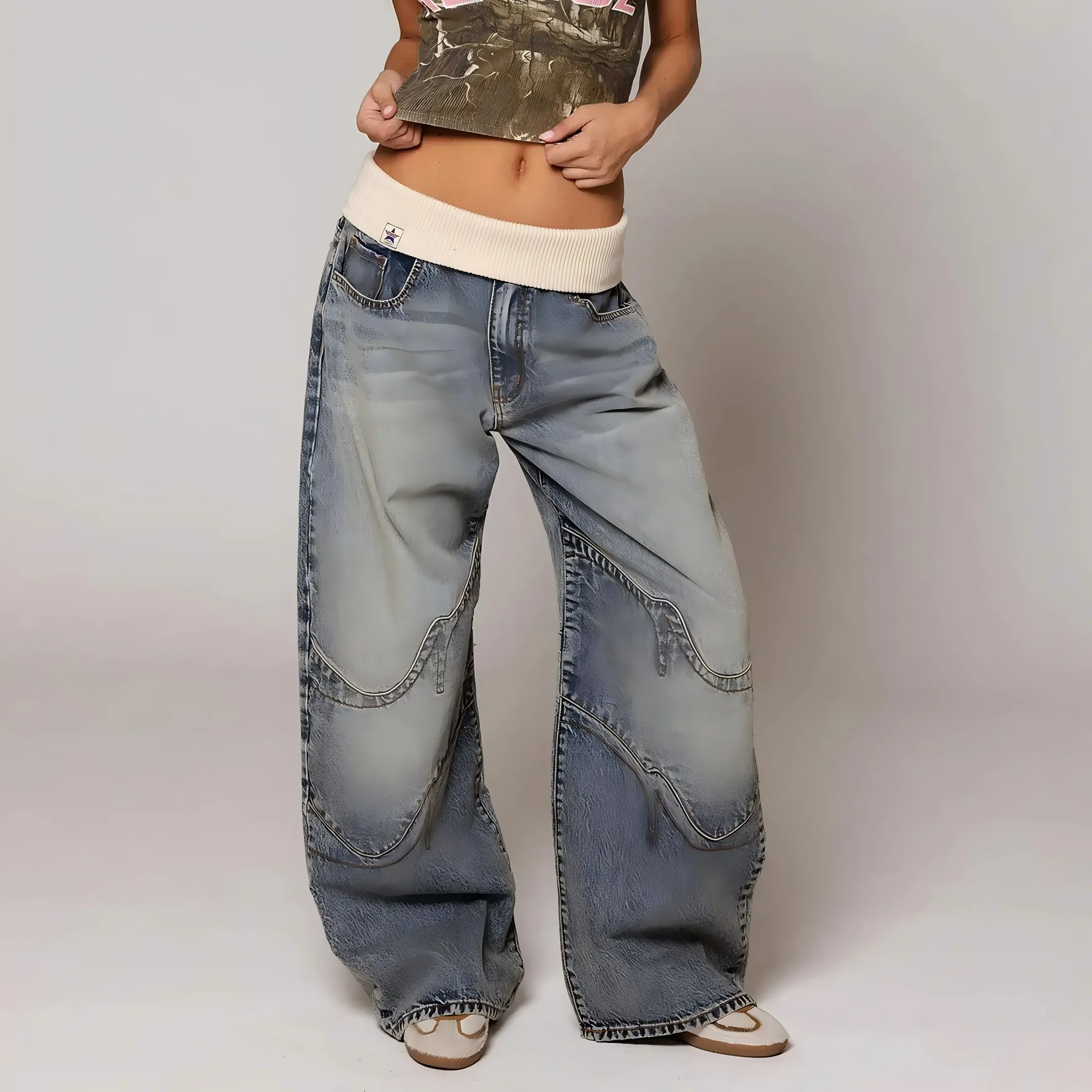 Women's Y2K Patchwork Low-Rise Straight Leg Jeans, Loose Baggy Denim Pants with Foldover Elastic Waist, Vintage Streetwear Trousers