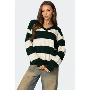 Oversized Striped Cable Knit Sweater