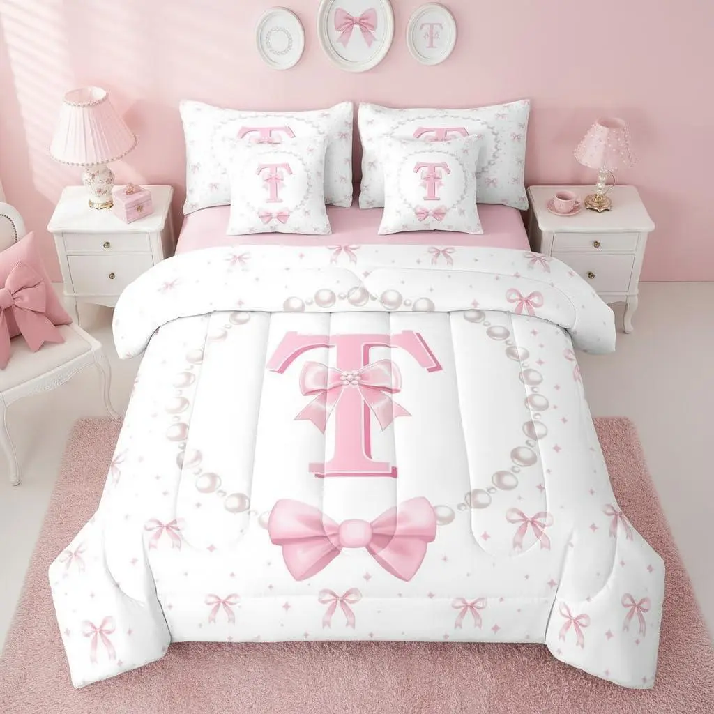 Pink Coquette Bow Comforter Set with Sheets - Monogrammed Initial T Bows Bedding Set 7 Piece,Pink and White Bow Tie Fitted Flat Sheet,Preppy Bowknot Bed Set