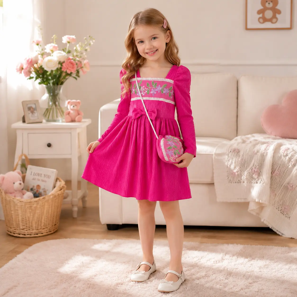 Little Girls Hot Pink Long Sleeve Boutique Dress with Matching Purse, Elegant Floral Embroidery Square Neck Princess Gown, Bow Waist Pleated Party Dress for Kids 4-7 Years, Stylish Fall Outfit Pack