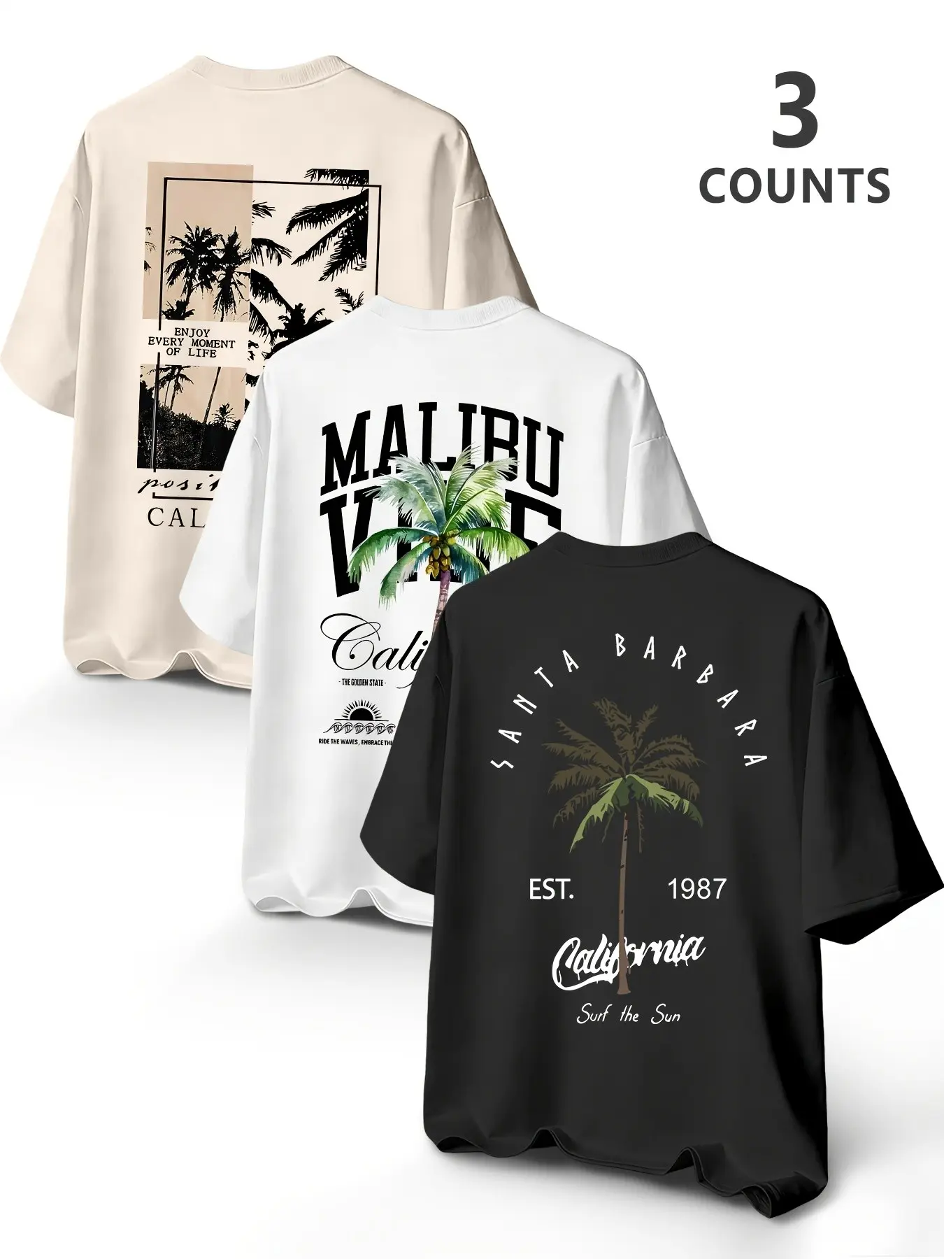 3-Pack Set California Tropical Palm Tree Print T-Shirts, Unisex Vintage Surf Style Round Neck Tees with Malibu/Santa Barbara Graphics, Breathable Summer Tops for Beach, Casual & Streetwear
