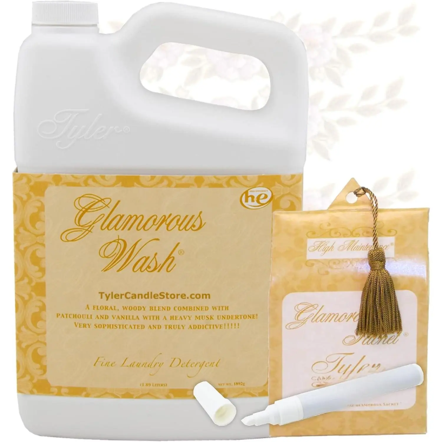 Tyler Glamorous Wash 32oz Liquid Detergent Bundle - Mild Hand & Machine Detergent, All-Purpose Cleaner, Stain Remover Pen, Dryer Sachets, Gym Use, Door & Mirror Mountable, Easy Install, Shatterproof for Smooth Surfaces