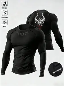Men's High Elasticity Quick-Dry Long Sleeve Top, Dark Style Sports Compression Shirt for Fitness Running, Men's Gym Wear, Athletic Compression Shirts, Workout Sportswear, Workout Activewear, Athletic Sports Clothing