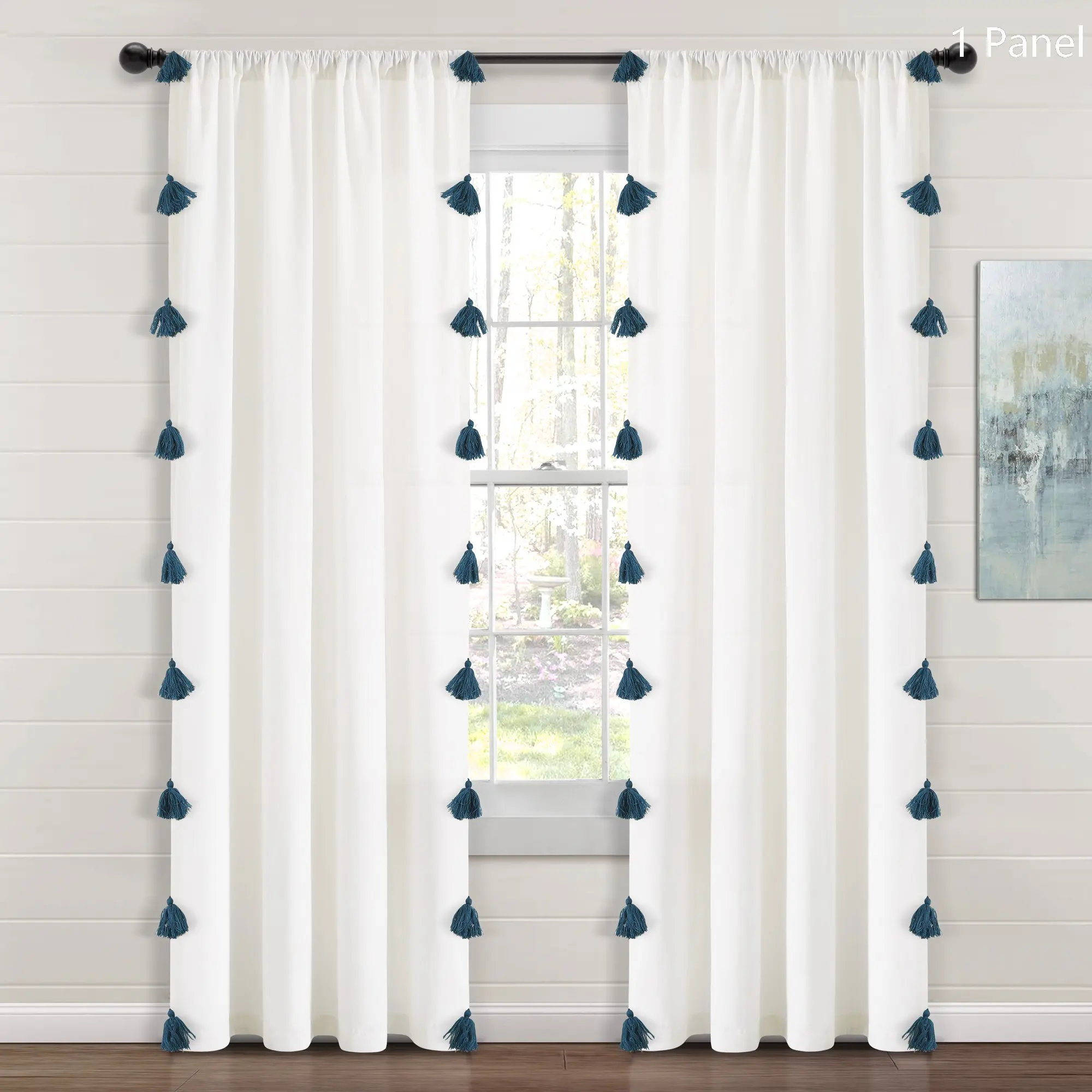 Lush Decor Boho Faux Linen Texture Tassel Finished Window Curtain (Single Panel) - Sold Individually, 84x52 in Curtain for Windows, Home Decor Hanging with 5 Tassel Colors