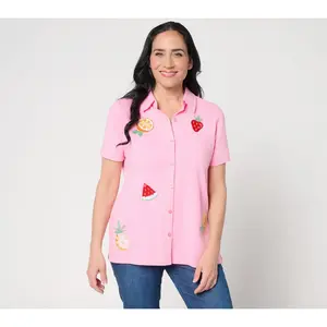 Quacker Factory Cutie Fruity Embroidered Short Sleeve Camp Shirt