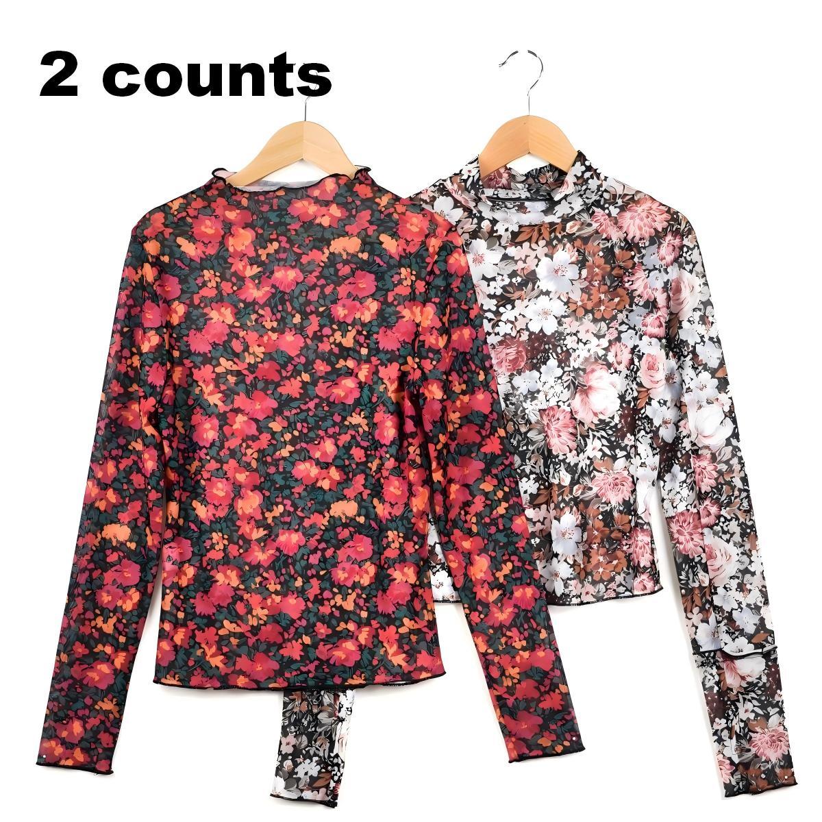 Znacicc Rose Print Mesh Top for Layering, Women's Slim Fit Mock Neck Long Sleeve Blouse , Perfect with Jeans & Jewelry for Going Out
