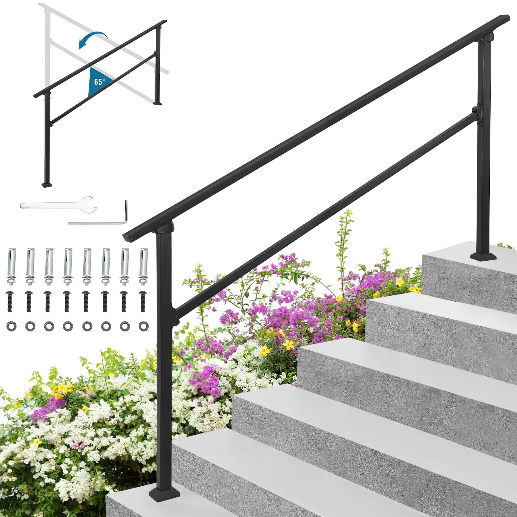 GARVEE Hand Rails for Outdoor Steps Railing Kit, Deck Porch Railing Kit, 6 Steps Stair Handrails, Indoor Metal Stair Railing for Exterior Concrete , Brick, Wooden Steps, Black (5-6 Steps Handrail)
