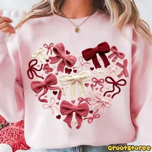 [Printed Faux Yarn] Valentine Bow Sweatshirt/Hoodie/Tshirt, Crochet Pink Red Bows Heart Graphic, Cute Coquette Love Aesthetic Shirt, Romantic Valentine’s Day Gift, For Men and For Women