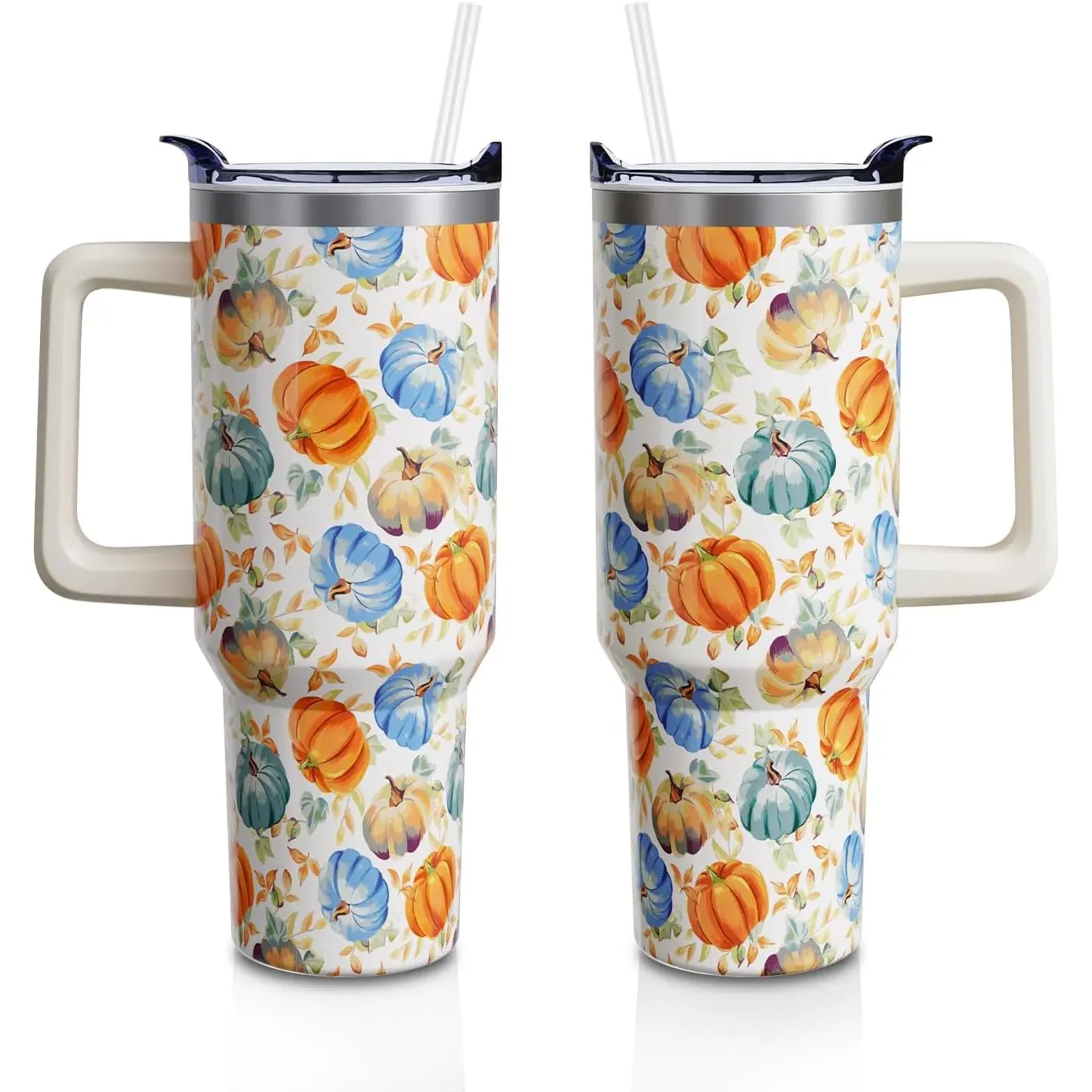 40oz Fall Pumpkin Printed Reusable Vacuum Insulated Stainless Steel Tumbler - Double Wall Kitchenware Drinkware with Lid, Handle, Straw, Grand Tropical Autumn Mother's Gift Portable Thermal Water Cup (1PC), Insulation, Coffee Thermal Cup