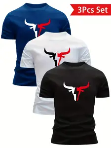 3-Pack Round Neck Quick-Dry Short Sleeve T-Shirts, Gym Training Running Casual, Bull Lightning Print, Lightweight Breathable Fabric, Unisex