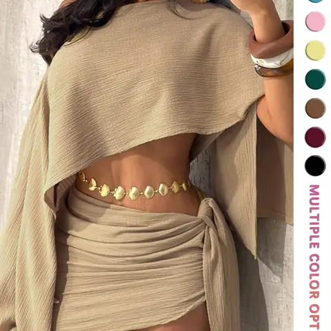 Women's Off-Shoulder Two-Piece Knit Set, Outfit, Asymmetrical Sleeve Short Top + Side Tie Pleated Skirt, Casual Spring & Fall Fashion