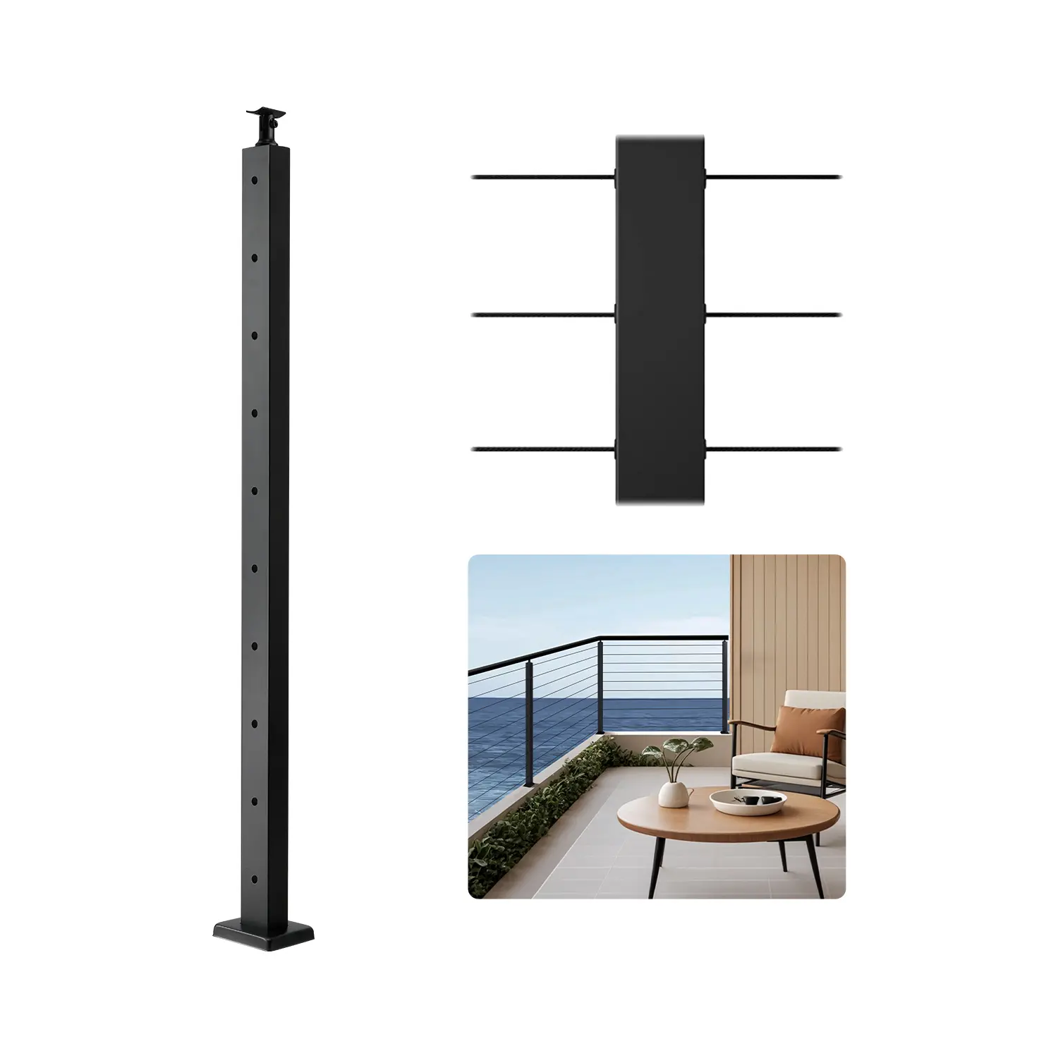 【toolupgrade】VEVOR 1-Pack Stainless Steel Cable Railing Post, 36x2x2 In Horizontal-Hole Outdoor Commercial Metal Deck Post with Pre-Drilled Holes, Horizontal Brackets & DIY Customization for Deck Safety, Black 1JZLGZXHS9148RVYS001V0