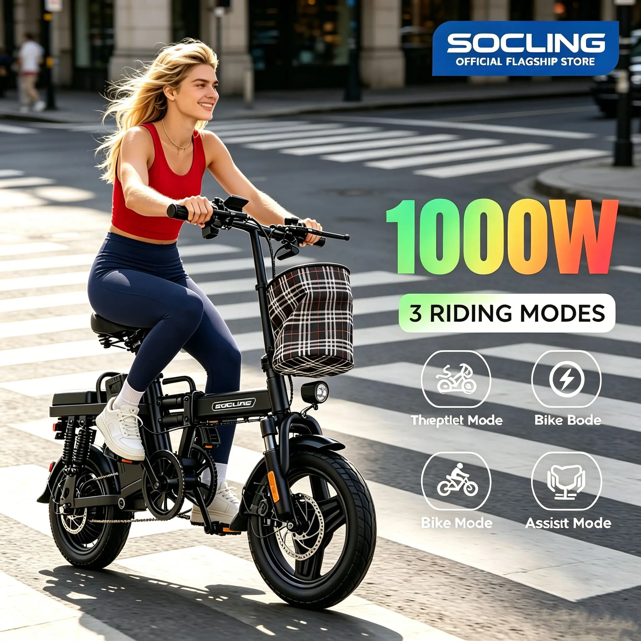 14" Foldable Electric Bike for Adults - 1000W Motor, 30MPH Speed, 48mi Range, Dual Seat, Portable Urban Commuter E-Bicycle