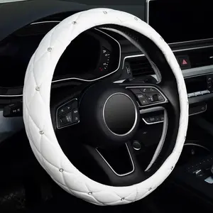 KAFEEK Diamond Soft Leather Steering Wheel Cover with Bling Bling Crystal Rhinestones, Universal 15 inch Anti-Slip，White