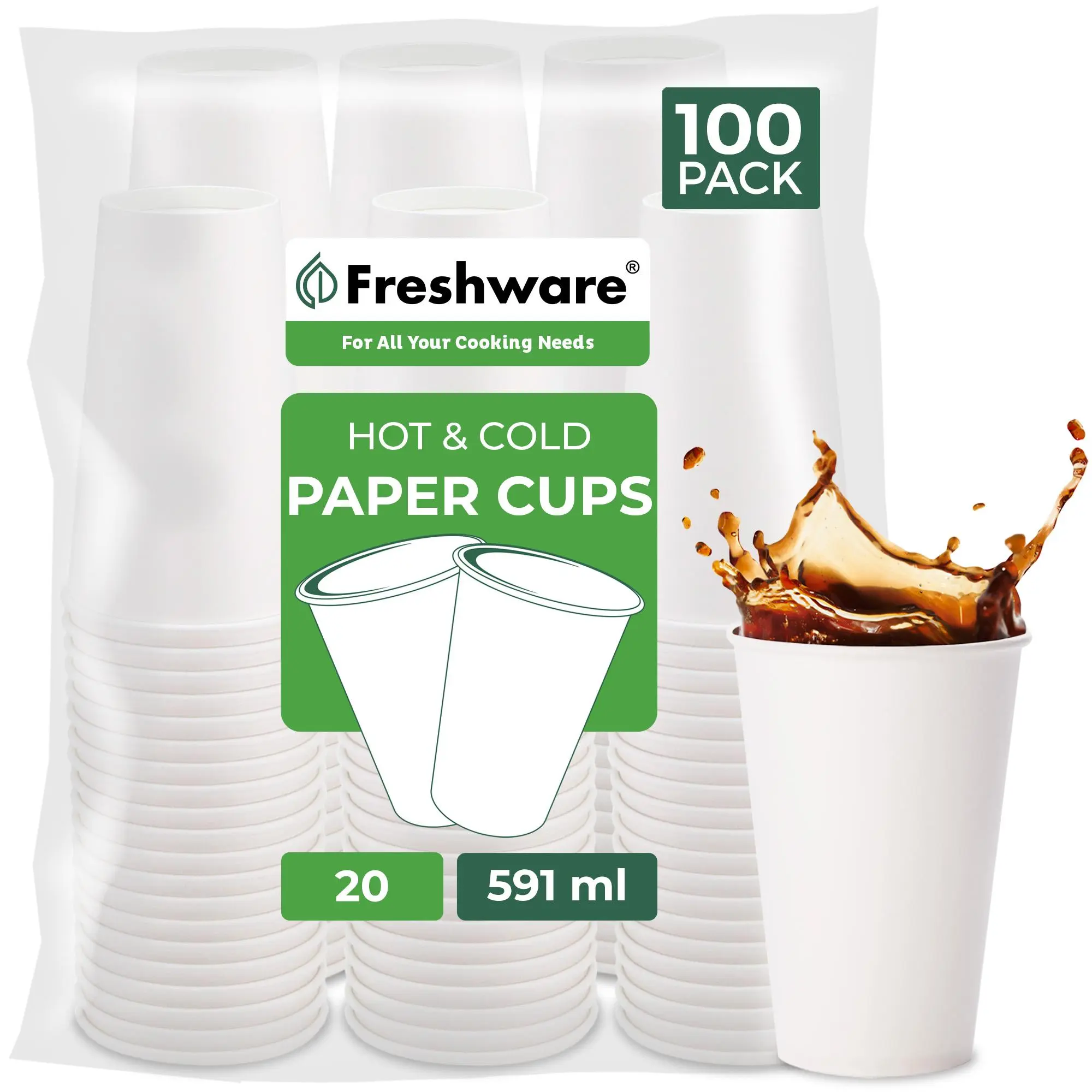 Freshware White Paper Coffee Cups 100 Pack, Disposable Hot & Cold Cups for Espresso, Tea, Iced Drinks & Smoothies, Heavy-Duty for Home & Office