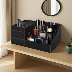 Modern Black Cologne Display Case for Men - 3-Level Drawer Storage System for Perfume Collections & Grooming Products - Space Saving Vanity Organizer