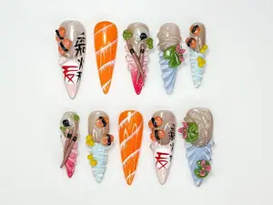 Cute Sushi Press On Nails | 3D Japanese Food Nail Art | Kawaii Salmon & Sushi Roll Nails | Handmade Foodie Press Ons