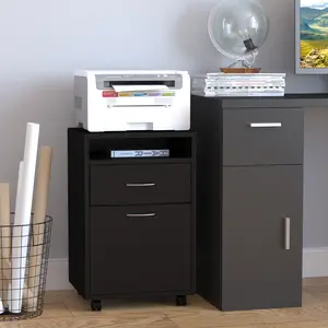 Mobile Printer Stand – Black. Drawer + Cabinet + Shelf + 4 Wheels (2 Brakes). 15.7" W x 13.8" D x 23.6" H. Melamine Surface. 55 lbs Cap