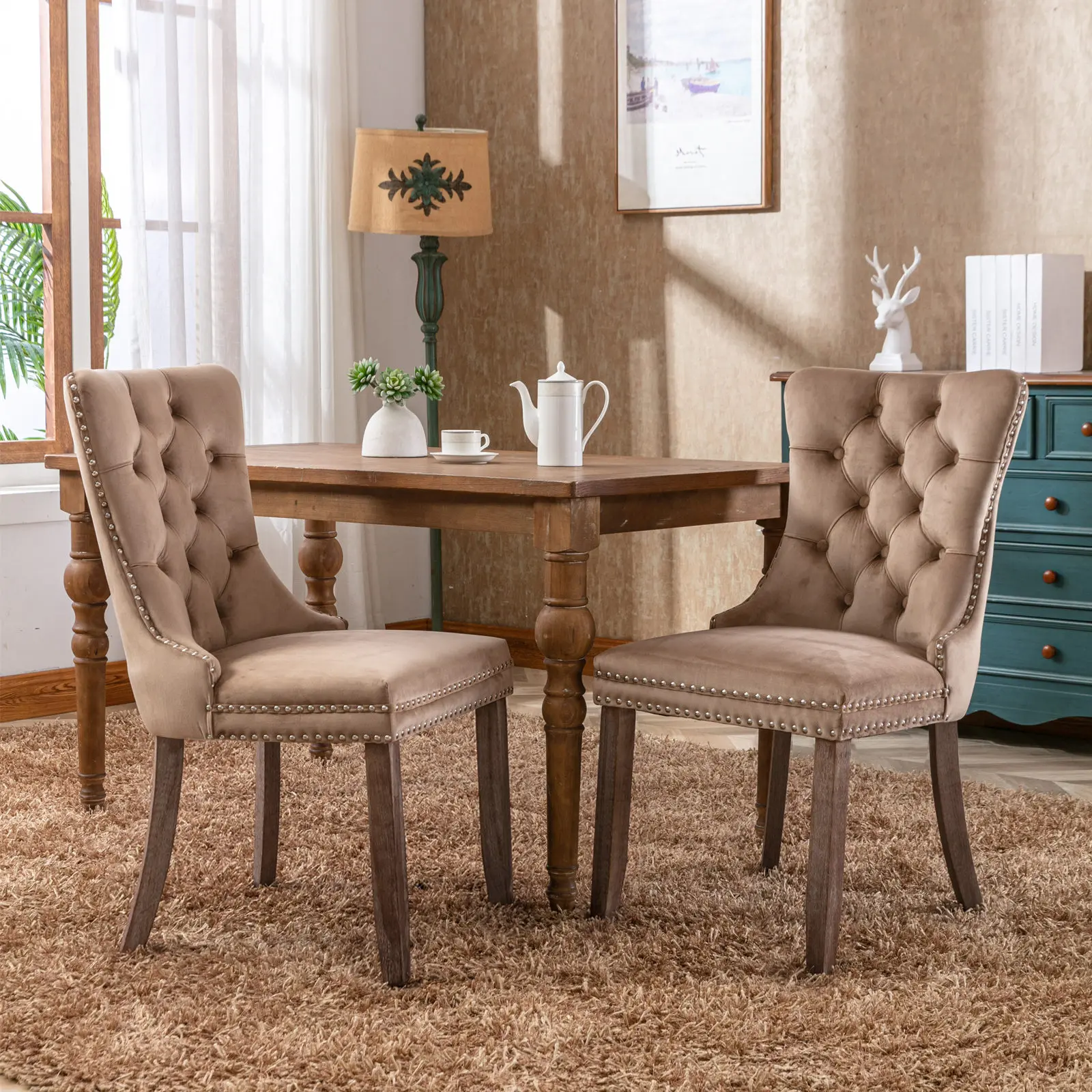 Eyisean Set of 2 37.4" High Back Mid-Century Velvet Foam Upholstered Armless Dining Chairs, Luxury Kitchen Side Chairs with Nailhead Trim, Ring Pull Trim, Rivet Accents, Wooden Counter Height Seating for Dining Room, Living Room