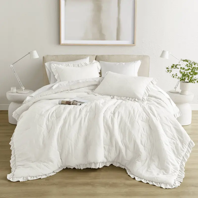Comforter Set Ruffle Shabby Chic Comforter, Prewashed Microfiber, 3 Piece with Top Quilted Diamond Patterning & Overlapping Shams for All Seasons