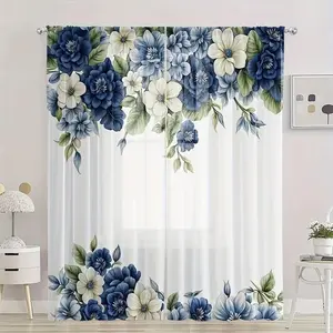 Elegant Blue Floral Print Curtains Set of 2, High-Quality Semi-Transparent Digital Print Home Textiles, Light Weight Drapes, Window Curtain