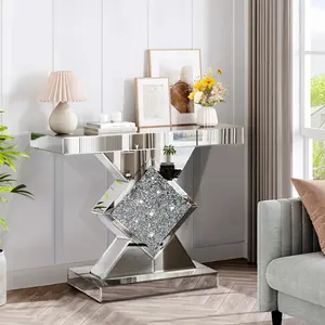 Silver Mirrored Console Table with Crushed Diamond Inlay, 31.5'' Long Glass Entryway Sofa Table, Shiny Accent Narrow Table for Living Room, Hallway, Foyer, Entrance