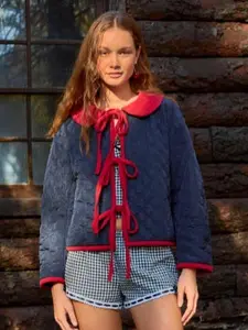 Tie Front Quilted Puffer Jacket with Peter Pan Collar & Ruched Detailing Oversized Fit for Comfort and Style