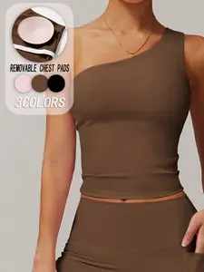 Women's Bare Feel Asymmetrical Shoulder Yoga Tank Top, Workout Tank, Yoga Sports Vest, Quick-Dry Shaping Waist Trainer, Detachable Pads, Running Fitness Wear